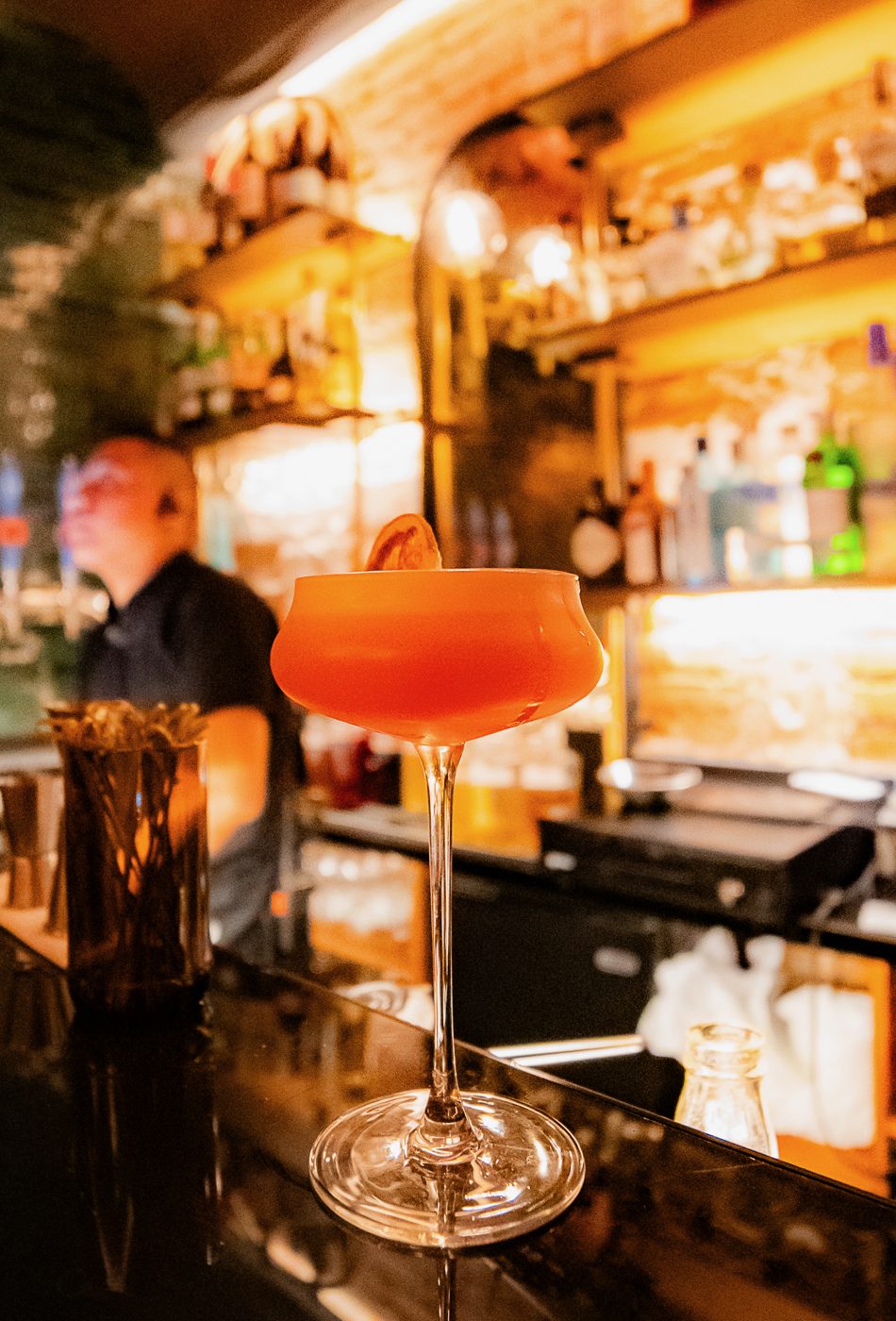A Wisdom coupe cocktail at the bar